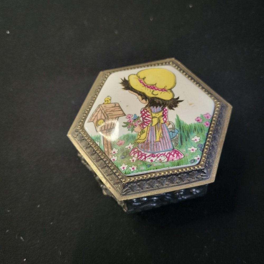 Sankyo Japan Metal Trinket Box Enamel Lid Little Girl and Birdhouse 3.5" X 2.25"
